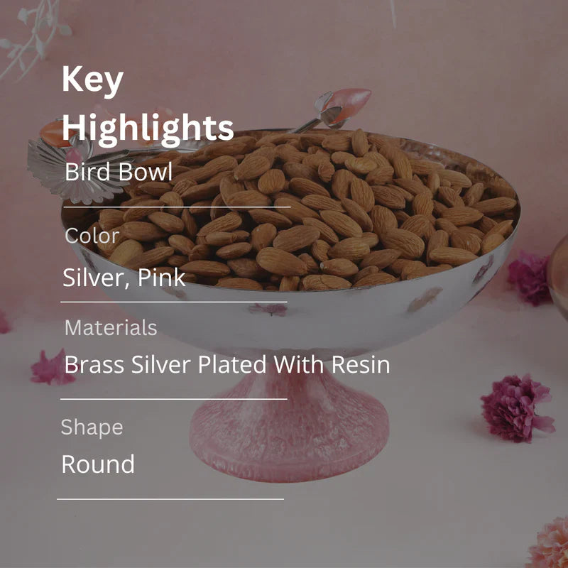 Brass Silver Plated Bowl With Pink Resin Bird & Base - 9'