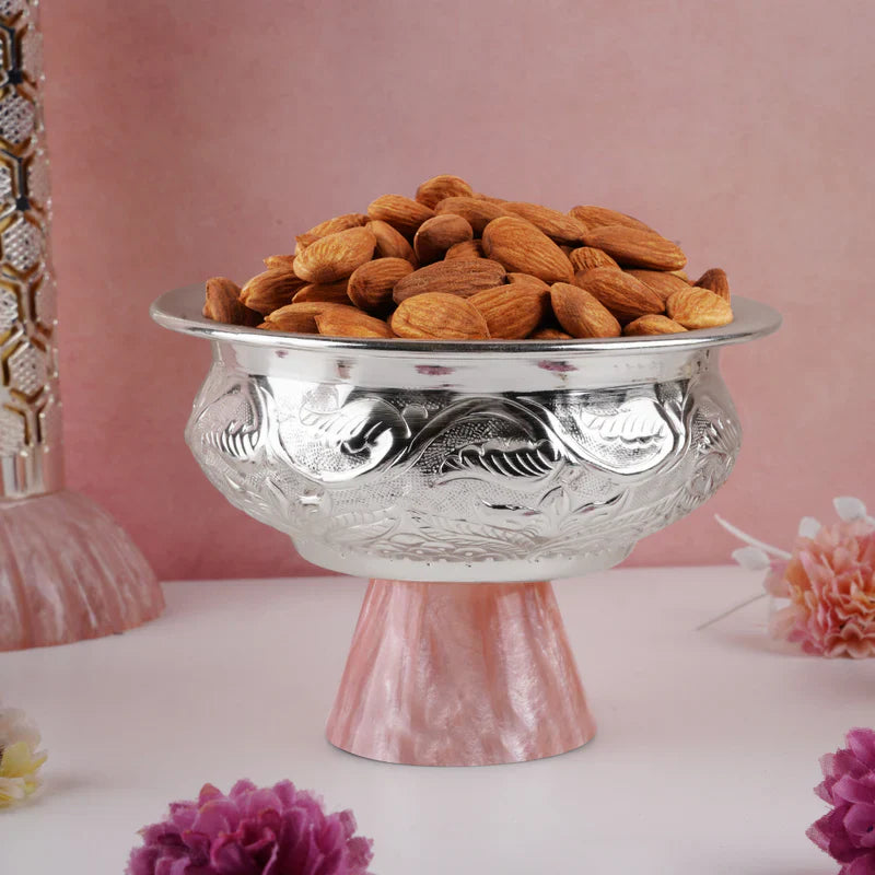 Brass Silver Plated Handi Shape Bowl With Pink Resin Base Large 5.5'
