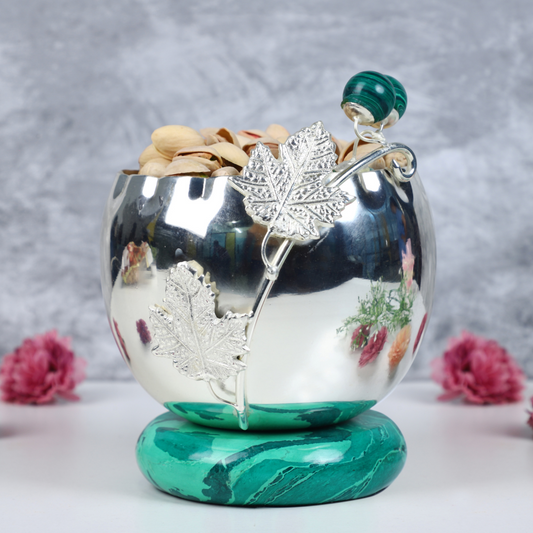 Brass Silver Plated Bowl With Green Malachite Base