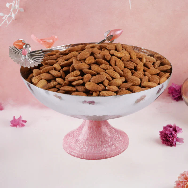 Brass Silver Plated Bowl With Pink Resin Bird & Base - 9'