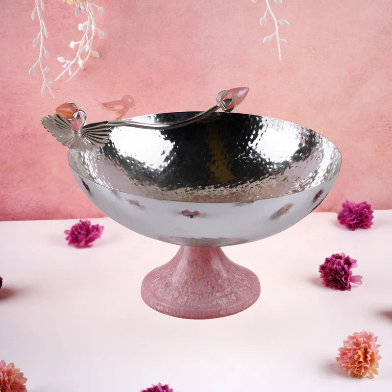 Brass Silver Plated Bowl With Pink Resin Bird & Base - 9'