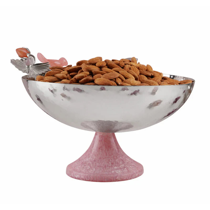 Brass Silver Plated Bowl With Pink Resin Bird & Base - 9'