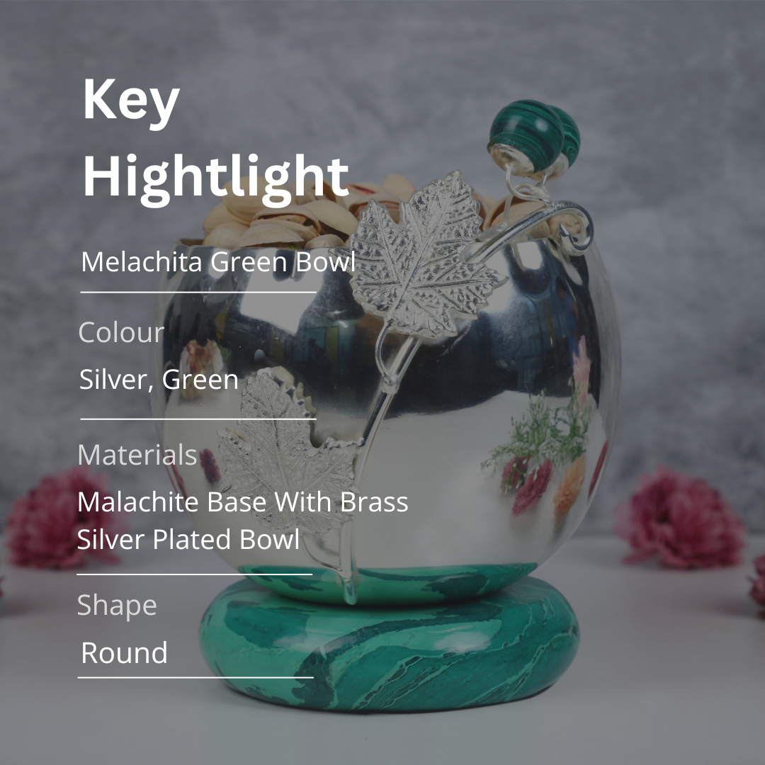 Brass Silver Plated Bowl With Green Malachite Base