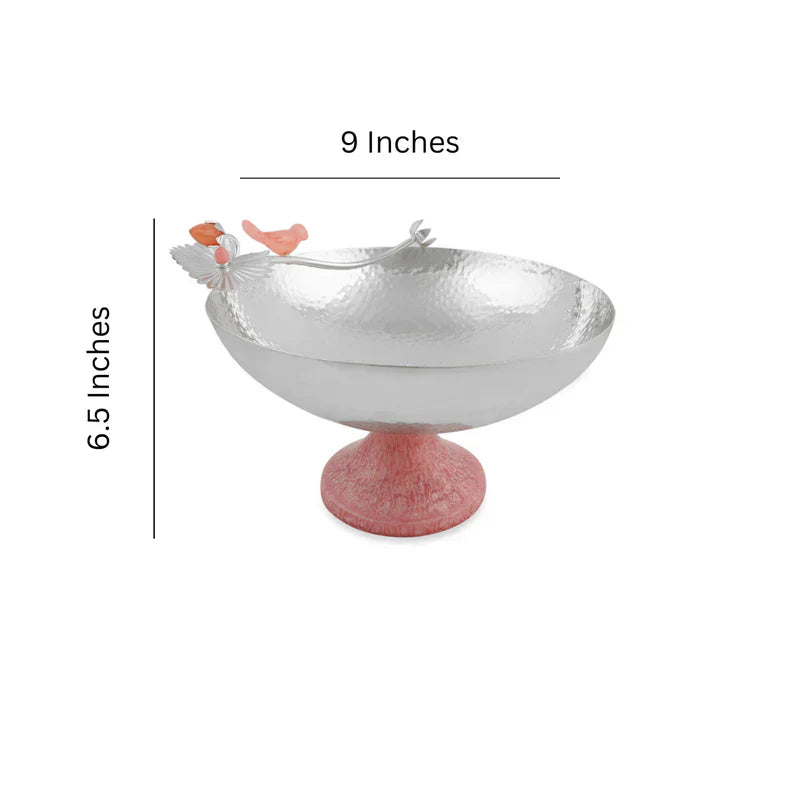 Brass Silver Plated Bowl With Pink Resin Bird & Base - 9'