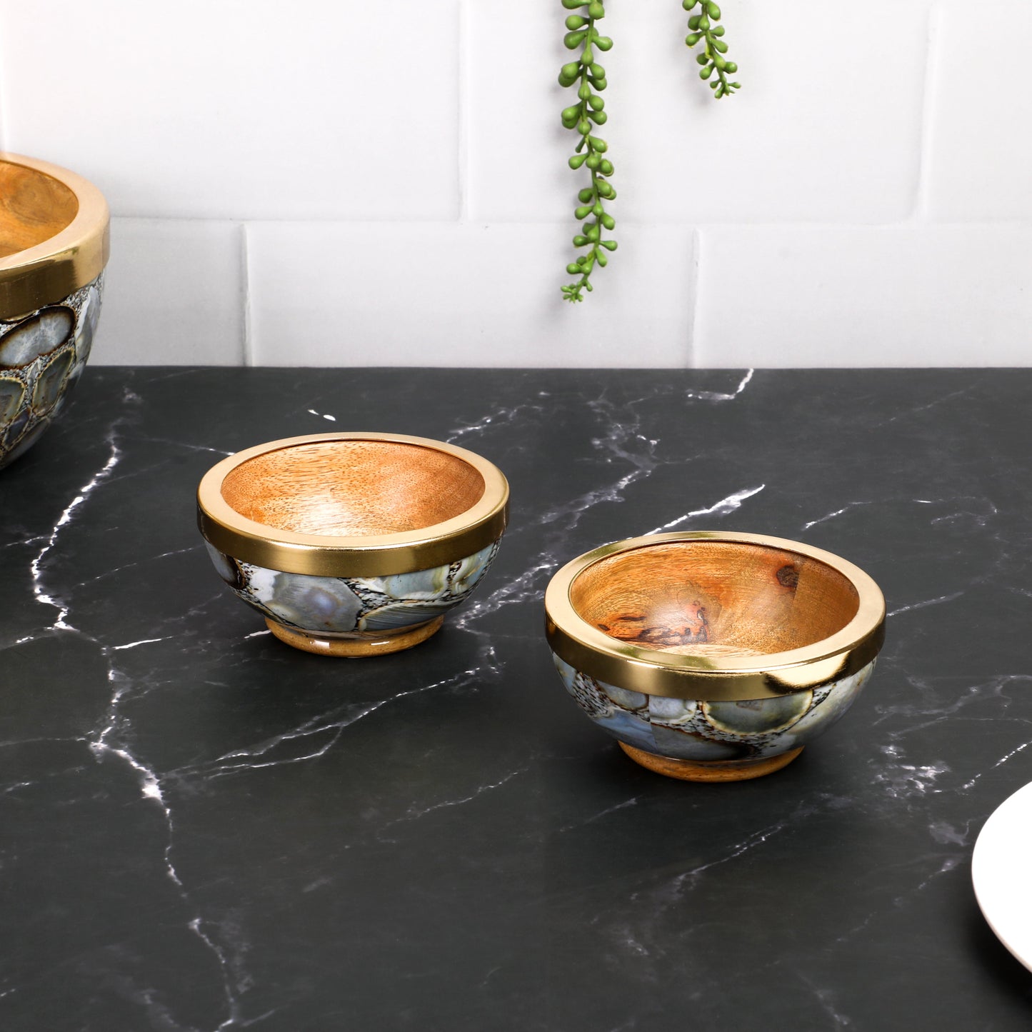 Wooden & Agate Print & Enamel With Gold Metal Rim Dip Bowl - 4'