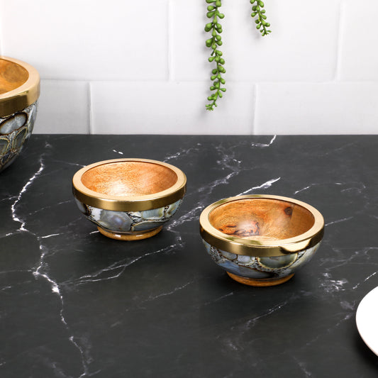 Wooden & Agate Print & Enamel With Gold Metal Rim Dip Bowl - 4'