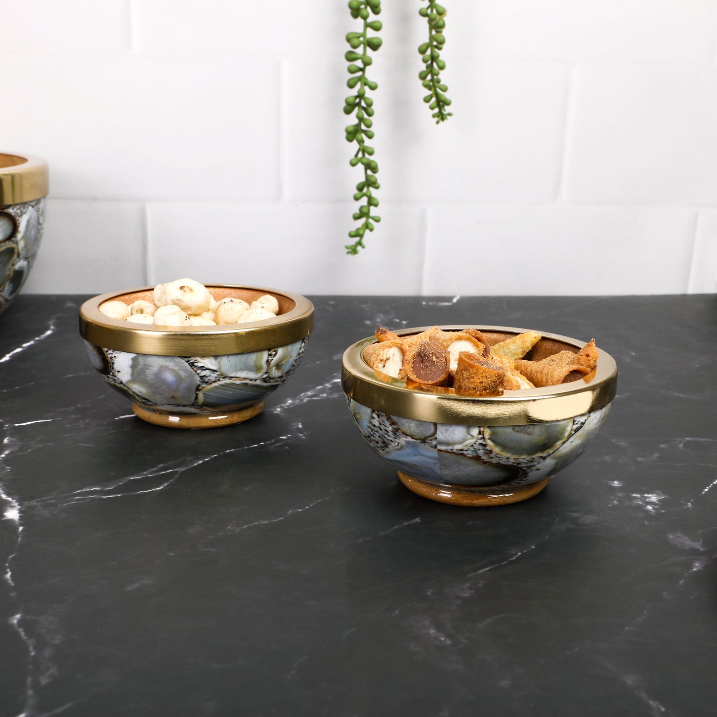 Wooden & Agate Print & Enamel With Gold Metal Rim Dip Bowl - 4'