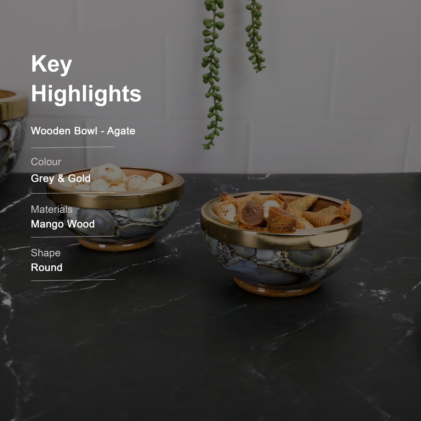 Wooden & Agate Print & Enamel With Gold Metal Rim Dip Bowl - 4'